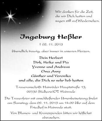 Traueranzeige von Ingeburg Heßler von Mitteldeutsche Zeitung